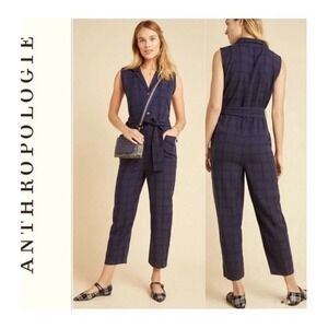 Anthropologie Brielle Plaid Jumpsuit‎   Navy Blue/Black Belted Women's XL